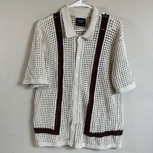 Abercrombie‎ & Fitch Open Knit Crochet Style Button Up Shirt Large Cream Brown